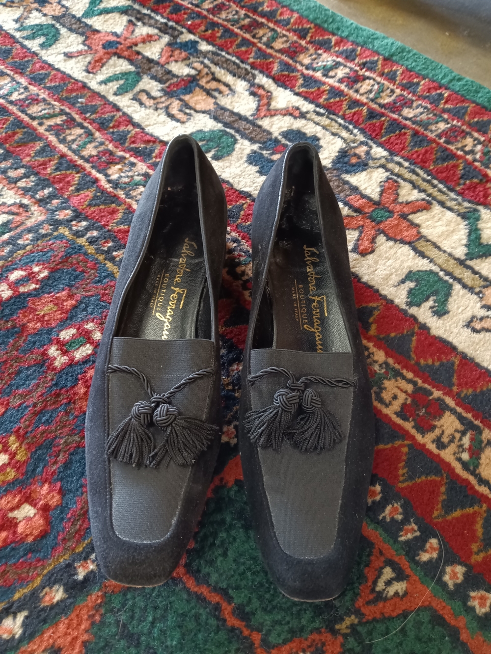 Salvatore Ferragamo Black Suede & Fabric Tassel Loafers